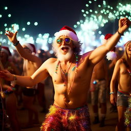 A ridiculously jolly, shirtless Santa Claus at Coachella. He's wildly raving, ecstatically dancing amidst an abundance of vibrant, radiant glowsticks. His uncontainable joy is infectious and he's truly having the time of his life.