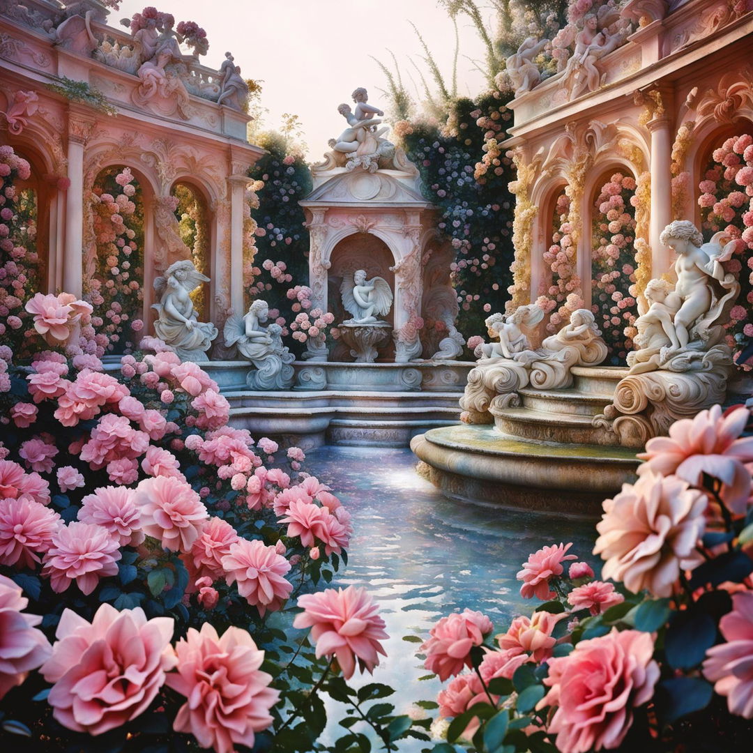 A Rococo-style garden in full bloom with pastel colors creating an ethereal atmosphere. Flowers in vibrant colors contrast with the pastel backdrop while a Rococo-style fountain adds elegance to the scene.