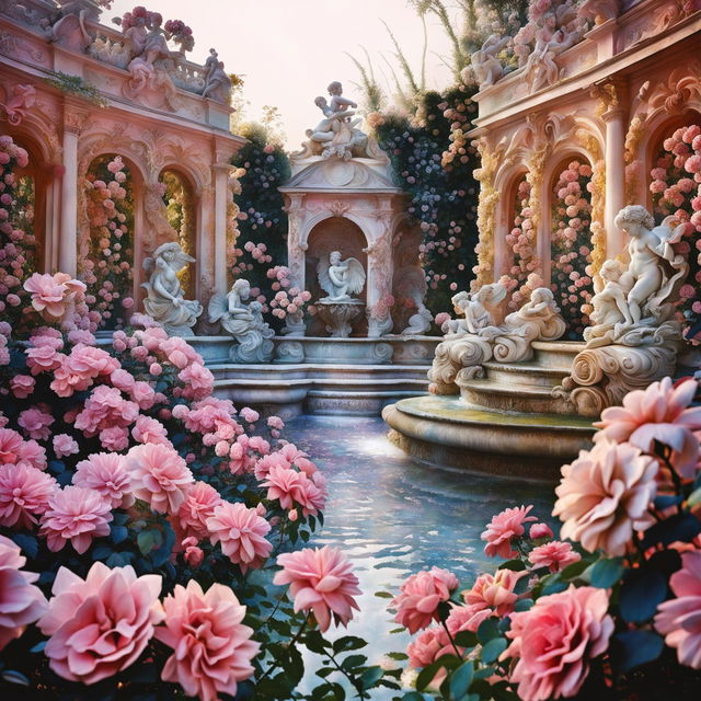 A Rococo-style garden in full bloom with pastel colors creating an ethereal atmosphere. Flowers in vibrant colors contrast with the pastel backdrop while a Rococo-style fountain adds elegance to the scene.