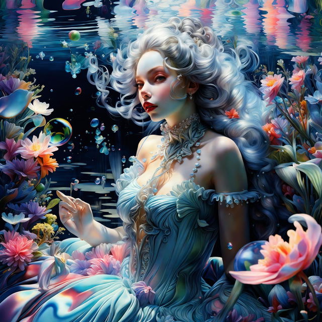 Hyper-realistic 3D Rococo water nymph blowing iridescent bubbles in a vibrant lagoon, surrounded by lush aquatic plants and exotic flowers.