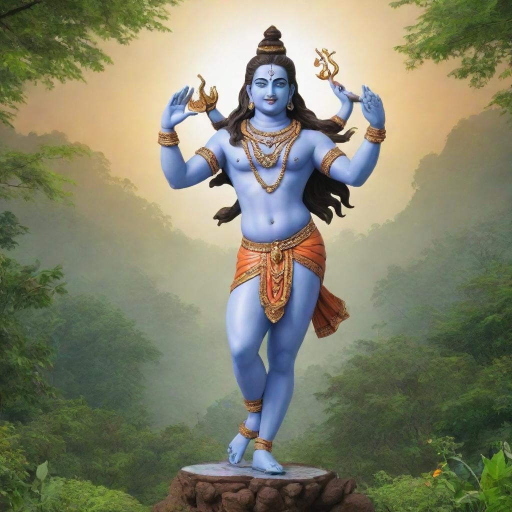 Iconic deity Lord Shiva joyfully dancing on the Earth, surrounded by lush greenery and under a serene sky