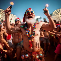 A ridiculously jolly, shirtless Santa Claus at Coachella. He's wildly raving, ecstatically dancing amidst an abundance of vibrant, radiant glowsticks. His uncontainable joy is infectious and he's truly having the time of his life.