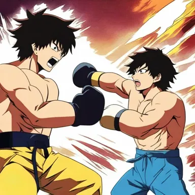In the anime fight scene, the two characters engaged in a reciprocative exchange of blows.
