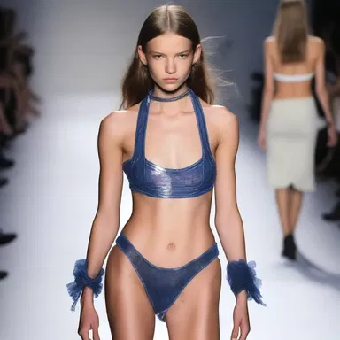 The model walked down the runway with a reciprocative movement of her arms and hips.