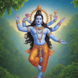 Iconic deity Lord Shiva joyfully dancing on the Earth, surrounded by lush greenery and under a serene sky