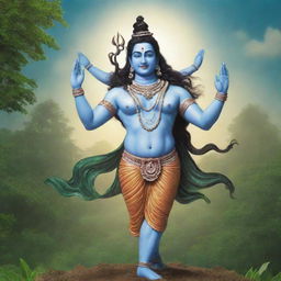 Iconic deity Lord Shiva joyfully dancing on the Earth, surrounded by lush greenery and under a serene sky