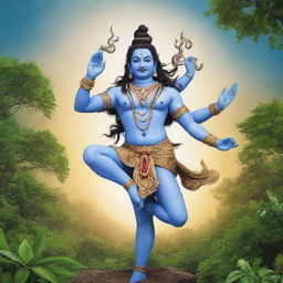 Iconic deity Lord Shiva joyfully dancing on the Earth, surrounded by lush greenery and under a serene sky