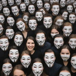 A multitude of people donning masks with sinister smiles against a backdrop representing society.