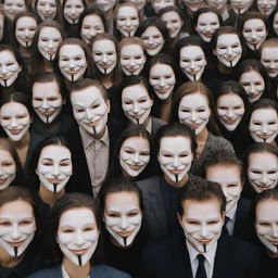 A multitude of people donning masks with sinister smiles against a backdrop representing society.