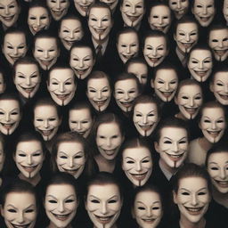 A multitude of people donning masks with sinister smiles against a backdrop representing society.