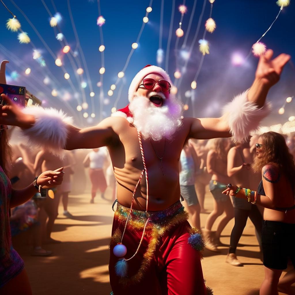 A ridiculously jolly, shirtless Santa Claus at Coachella. He's wildly raving, ecstatically dancing amidst an abundance of vibrant, radiant glowsticks. His uncontainable joy is infectious and he's truly having the time of his life.