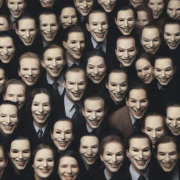 A multitude of people donning masks with sinister smiles against a backdrop representing society.