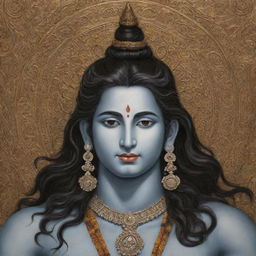 An elaborate painting of Lord Shiva, with intricate details capturing his serene face, matted locks ensnaring the crescent moon, the holy Ganges flowing from his hair and a third eye on his forehead