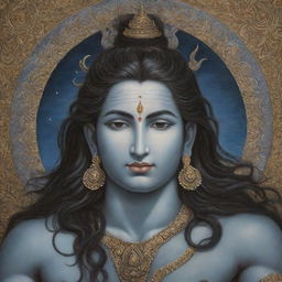 An elaborate painting of Lord Shiva, with intricate details capturing his serene face, matted locks ensnaring the crescent moon, the holy Ganges flowing from his hair and a third eye on his forehead