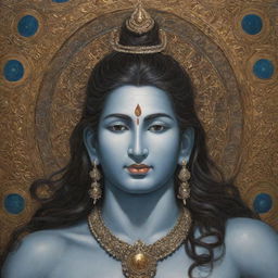 An elaborate painting of Lord Shiva, with intricate details capturing his serene face, matted locks ensnaring the crescent moon, the holy Ganges flowing from his hair and a third eye on his forehead