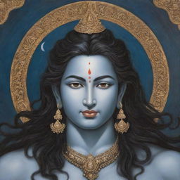 An elaborate painting of Lord Shiva, with intricate details capturing his serene face, matted locks ensnaring the crescent moon, the holy Ganges flowing from his hair and a third eye on his forehead