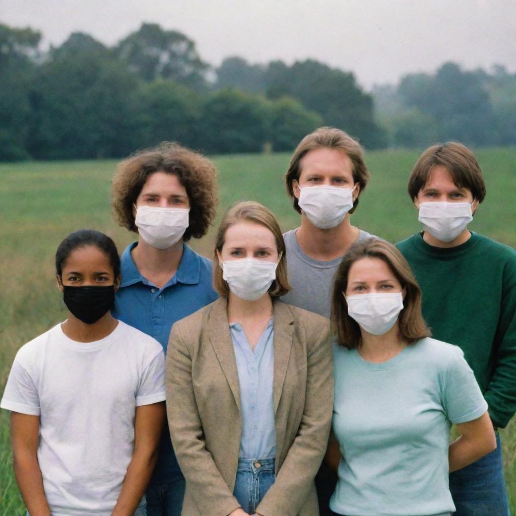 A group of 7-8 individuals wearing masks displaying either happiness or sadness, set against a classic environmental backdrop from the 1990s.