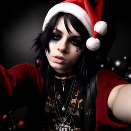 A voguish Santa Claus snapping a selfie, engrossed in 2004 emo style with black dyed hair, heavy black eyeliner, studded accessories and band tees.