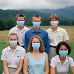 A group of 7-8 individuals wearing masks displaying either happiness or sadness, set against a classic environmental backdrop from the 1990s.