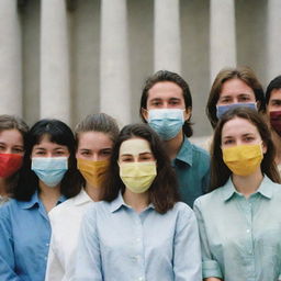 A group of 7-8 individuals wearing masks displaying either happiness or sadness, set against a classic environmental backdrop from the 1990s.