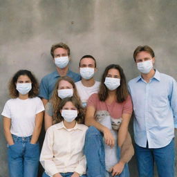 A group of 7-8 individuals wearing masks displaying either happiness or sadness, set against a classic environmental backdrop from the 1990s.