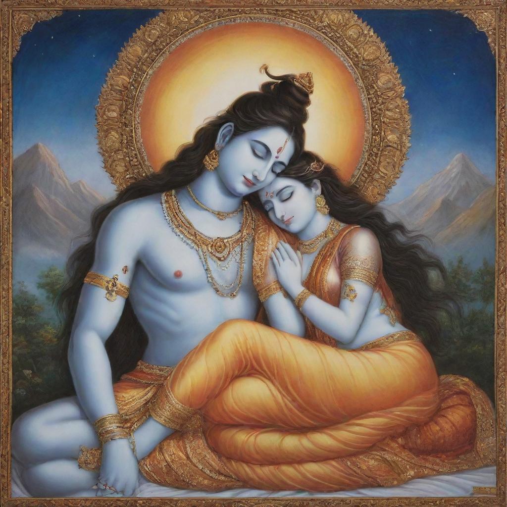 Depict an intimate and tranquil scene of Lord Shiva peacefully sleeping on Goddess Parvati's lap. Include their traditional attributes, with richly decorated clothing and radiant auras surrounding them against a background of celestial scenery.