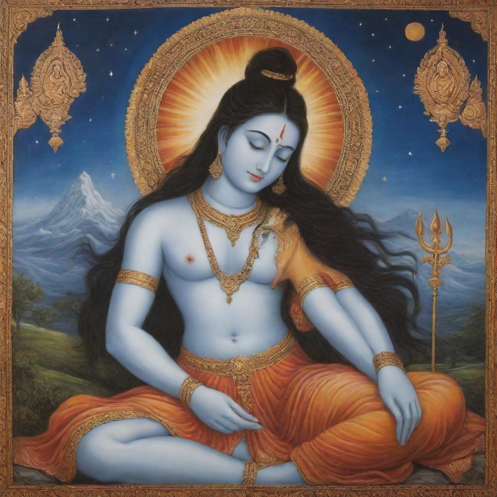 Depict an intimate and tranquil scene of Lord Shiva peacefully sleeping on Goddess Parvati's lap. Include their traditional attributes, with richly decorated clothing and radiant auras surrounding them against a background of celestial scenery.