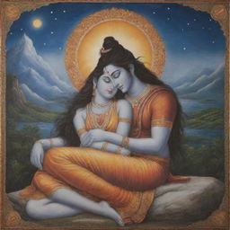 Depict an intimate and tranquil scene of Lord Shiva peacefully sleeping on Goddess Parvati's lap. Include their traditional attributes, with richly decorated clothing and radiant auras surrounding them against a background of celestial scenery.