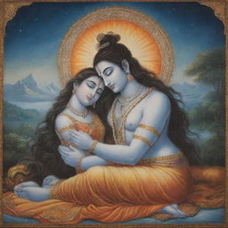 Depict an intimate and tranquil scene of Lord Shiva peacefully sleeping on Goddess Parvati's lap. Include their traditional attributes, with richly decorated clothing and radiant auras surrounding them against a background of celestial scenery.