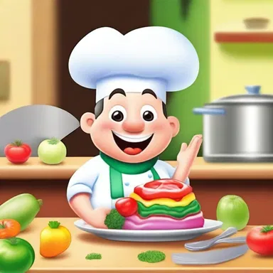 In the animated series 'Chef's Delight', the lovable character prepares a colorful terrine filled with various vegetables, bringing joy to everyone in the cartoon town.