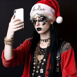 A voguish Santa Claus snapping a selfie, engrossed in 2004 emo style with black dyed hair, heavy black eyeliner, studded accessories and band tees.