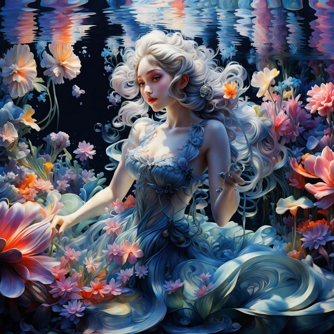 A 3D Rococo water nymph blowing iridescent bubbles in a vibrant lagoon, surrounded by lush aquatic plants and exotic flowers.