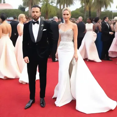 The celebrities at the red carpet event were dressed in swank designer gowns and tuxedos.