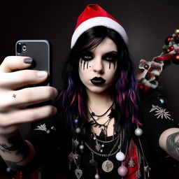 A voguish Santa Claus snapping a selfie, engrossed in 2004 emo style with black dyed hair, heavy black eyeliner, studded accessories and band tees.