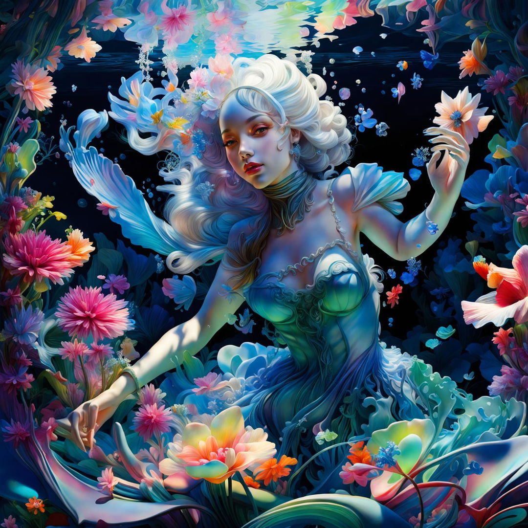 3D Rococo water nymph blowing iridescent bubbles in a vibrant lagoon, surrounded by lush aquatic plants and exotic flowers.