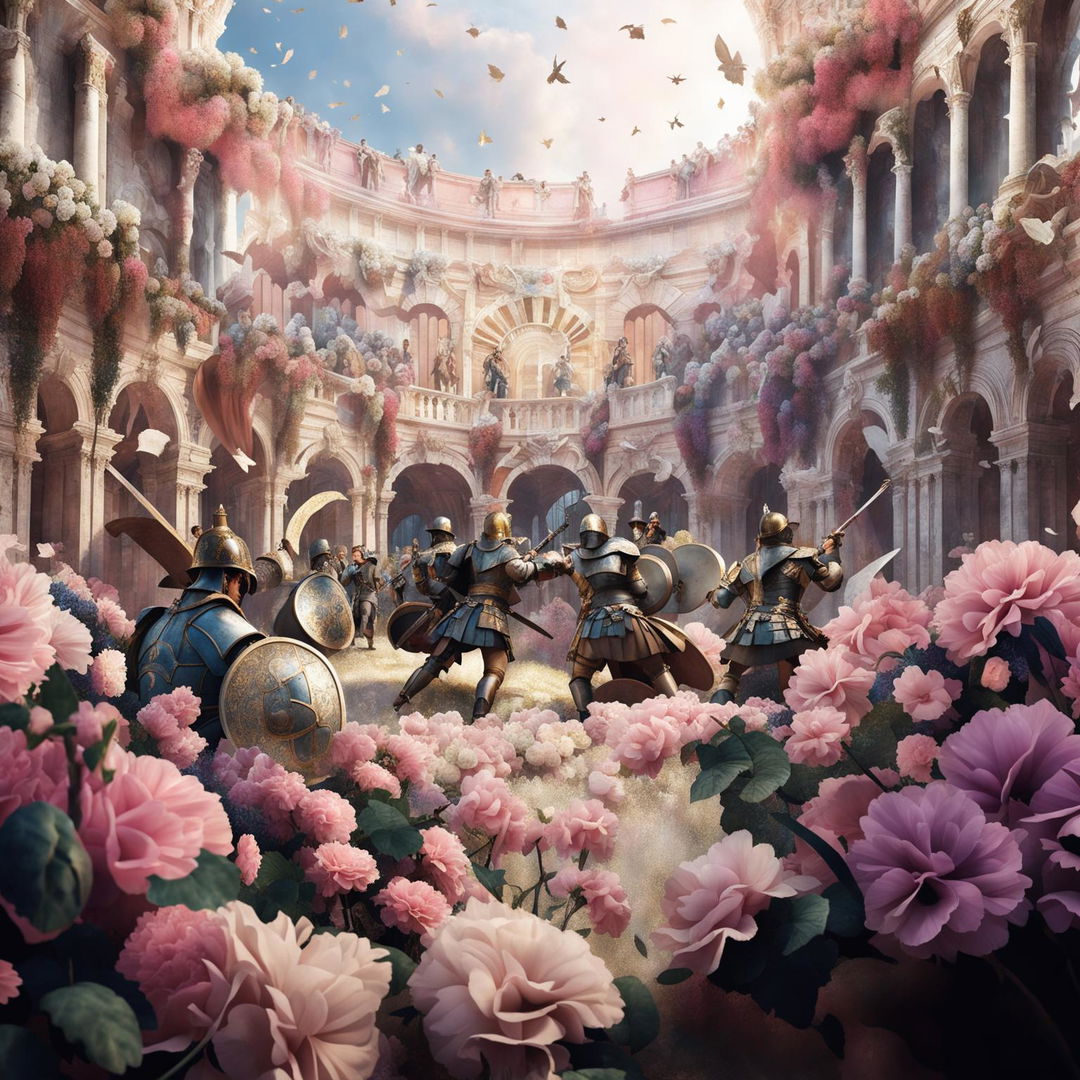 A Rococo-style Colosseum hosting a gladiatorial battle amidst blooming flowers in pastel colors, creating an ethereal and beautiful scene.