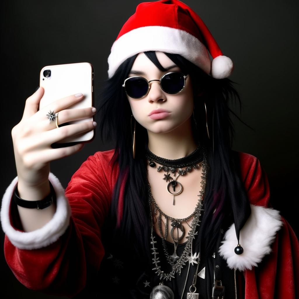 A voguish Santa Claus snapping a selfie, engrossed in 2004 emo style with black dyed hair, heavy black eyeliner, studded accessories and band tees.