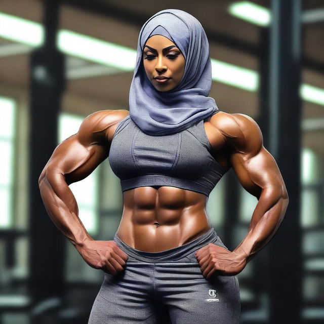 The image showcases a hijabi female pro bodybuilder