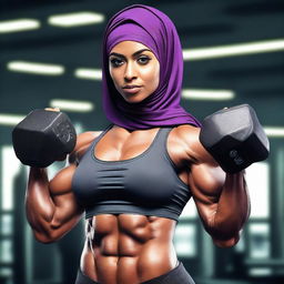 The image showcases a hijabi female pro bodybuilder