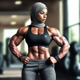 The image showcases a hijabi female pro bodybuilder