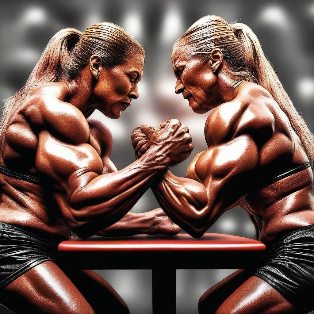 This digital art image vividly portrays two female professional bodybuilders in an intense arm wrestling match