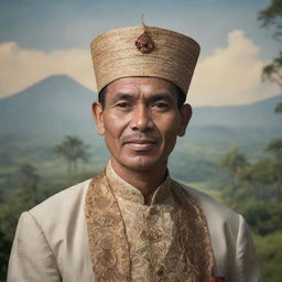 A historically accurate portrait of Tan Malaka, a significant figure in the history of Indonesia, dressed in traditional Indonesian attire with a gentle facial expression and a background of Indonesia's landscape.