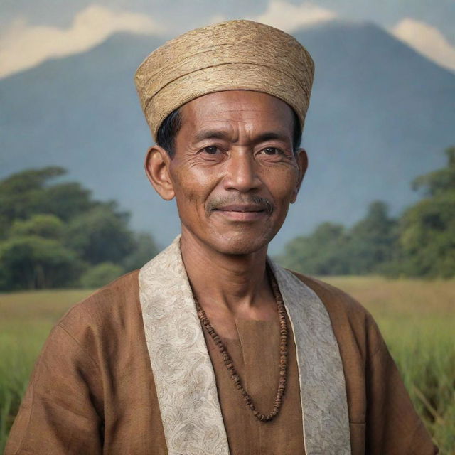 A historically accurate portrait of Tan Malaka, a significant figure in the history of Indonesia, dressed in traditional Indonesian attire with a gentle facial expression and a background of Indonesia's landscape.