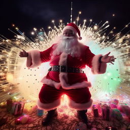 An even plumper, overly jolly Santa in the midst of a trippy, night-time rave at Coachella. As he dances ecstatically, his radiant glow sticks and festive tinsel create hypnotic light trails in the night, creating a surreal atmosphere.