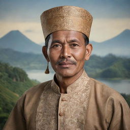 A historically accurate portrait of Tan Malaka, a significant figure in the history of Indonesia, dressed in traditional Indonesian attire with a gentle facial expression and a background of Indonesia's landscape.