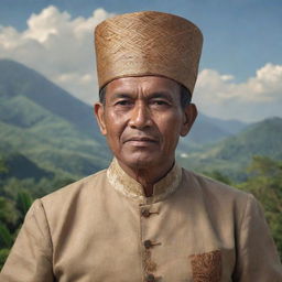 A historically accurate portrait of Tan Malaka, a significant figure in the history of Indonesia, dressed in traditional Indonesian attire with a gentle facial expression and a background of Indonesia's landscape.