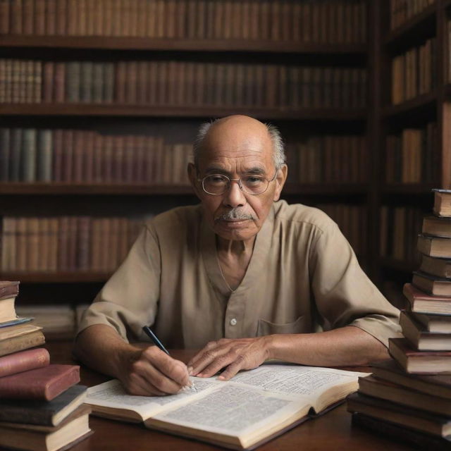 A high-resolution, thoughtful image of Tan Malaka, the renowned Indonesian philosopher, while he's in his study, surrounded by books and writing materials capturing him in contemplative mood.