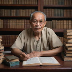 A high-resolution, thoughtful image of Tan Malaka, the renowned Indonesian philosopher, while he's in his study, surrounded by books and writing materials capturing him in contemplative mood.