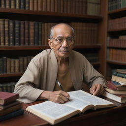 A high-resolution, thoughtful image of Tan Malaka, the renowned Indonesian philosopher, while he's in his study, surrounded by books and writing materials capturing him in contemplative mood.