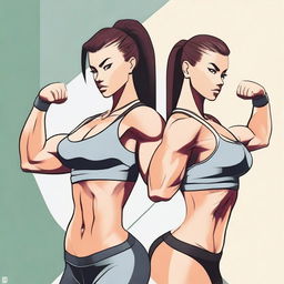 This high-resolution digital art image features two fit females flexing their arms, displaying their well-toned muscles and prominent veins